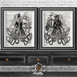 Octopus Gent & Lady Bathroom Decor, Art Prints On Antique Dictionary Book Pages, Wall Hangings, Skeletons Gothic Artwork, Art Sea - thumbnail 1