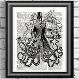 Octopus Gent & Lady Bathroom Decor, Art Prints On Antique Dictionary Book Pages, Wall Hangings, Skeletons Gothic Artwork, Art Sea - thumbnail 2