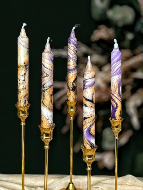 Gold Purple Metallic Marble Candles, Tall Taper Candle Set, Dinner Candles, Gold Home Decor, Wedding Candle, Tapered Candles, Pillar - image 1