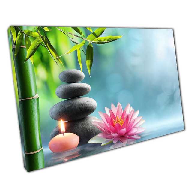 Tranquil Bamboo Zen Scene Stacked Pebbles & Candle Canvas Print For Spa-Inspired Home Decor - image 1