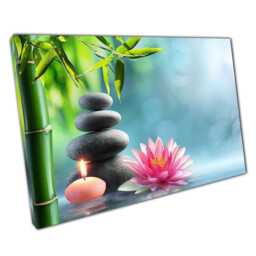 Tranquil Bamboo Zen Scene Stacked Pebbles & Candle Canvas Print For Spa-Inspired Home Decor - thumbnail 1