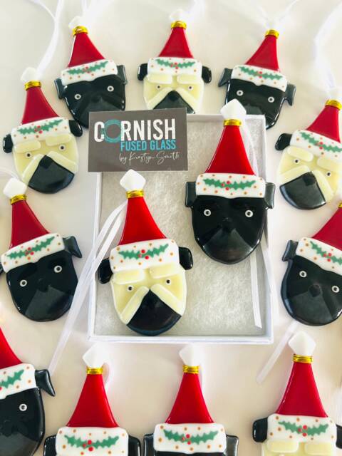 Fused Glass Pug Dog Christmas Decoration - Ornament, Dog Decoration, Santa Hat Cornish - image 1