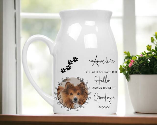 Ceramic Dog Memorial Vase With Personalised Photo, & Name - Gift For Loss Of Printed Both Sides Thoughtful Pet