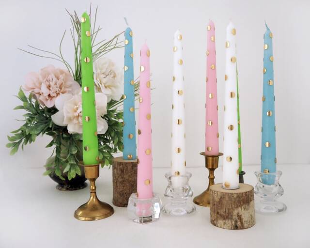 Pastel Dinner Candles With Golden Polka Dots, Wedding Table Decoration - image 1