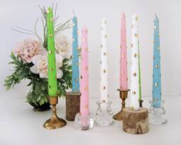Pastel Dinner Candles With Golden Polka Dots, Wedding Table Decoration