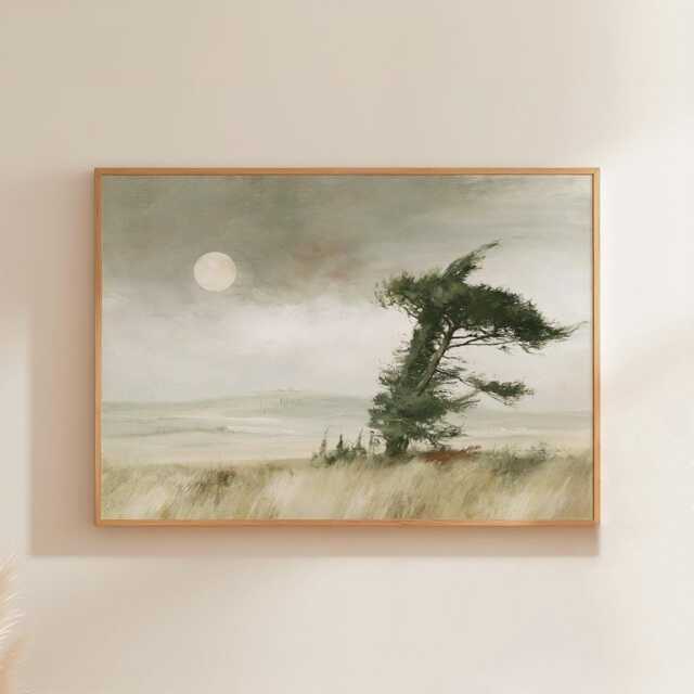 Cypress Tree Poster, Moon Landscape Print, Neutral Wall Art, Paper - image 1