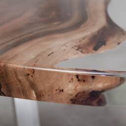Custom Resin Table Made Of European Walnut, Round Live Edge With Transparent Uv Resin, Epoxy Brushed Steel Legs - thumbnail 4