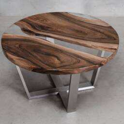 Custom Resin Table Made Of European Walnut, Round Live Edge With Transparent Uv Resin, Epoxy Brushed Steel Legs - thumbnail 3