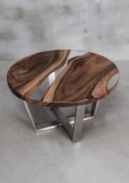 Custom Resin Table Made Of European Walnut, Round Live Edge With Transparent Uv Resin, Epoxy Brushed Steel Legs