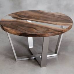 Custom Resin Table Made Of European Walnut, Round Live Edge With Transparent Uv Resin, Epoxy Brushed Steel Legs - thumbnail 2