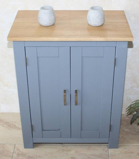 Slimline Oak Top Grey Painted Wood Cloakroom Bathroom Vanity Cabinet - Storage Unit 310 - image 1