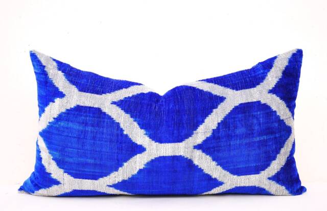 Handloom Silk Velvet Ikat Pillow, Medium Blue Accent Cushion - image 1