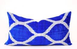 Handloom Silk Velvet Ikat Pillow, Medium Blue Accent Cushion - thumbnail 1