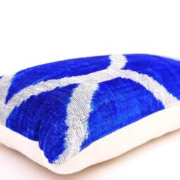 Handloom Silk Velvet Ikat Pillow, Medium Blue Accent Cushion - thumbnail 2