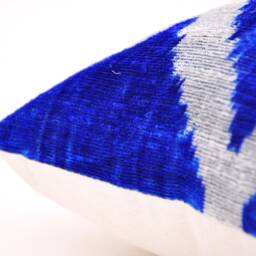 Handloom Silk Velvet Ikat Pillow, Medium Blue Accent Cushion - thumbnail 3