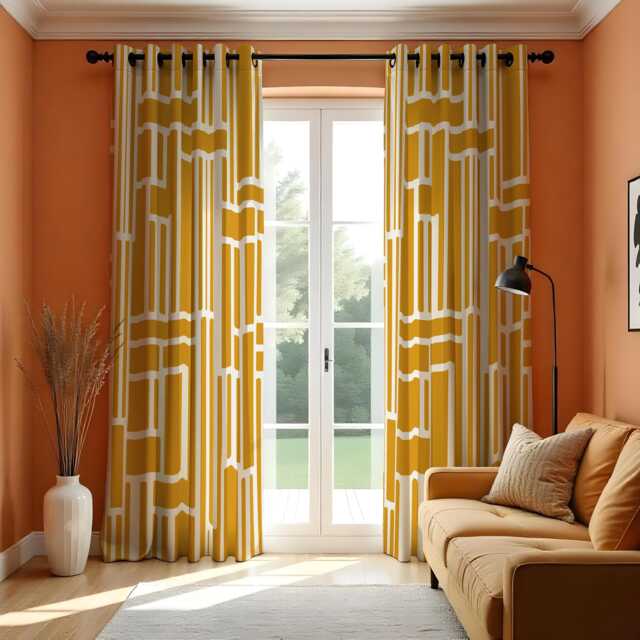 Mustard Yellow Geometric Curtains, Modern Abstract Pattern Drapes, Made To Measure Window Panels, Custom Eyelet Curtains For Living Room - image 1