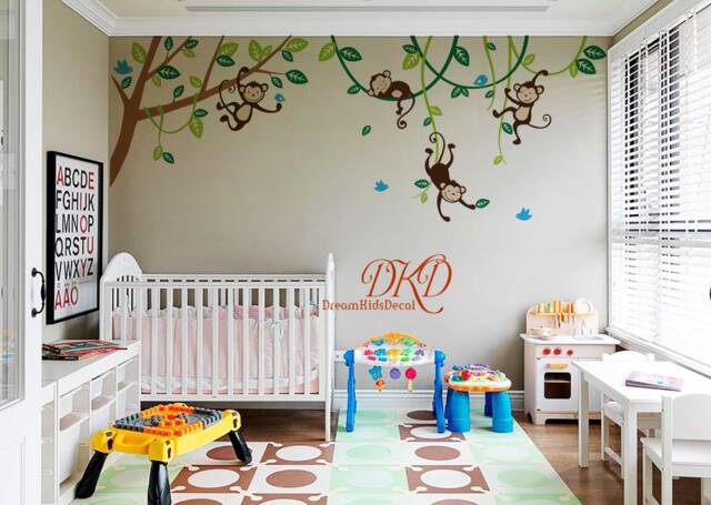 Nursery Wall Decal, Jungle Monkey Decals, Hanging Monkeys On The Tree, Birds, Children's Bedroom Vinyl Art Sticker-Dk363 - image 1