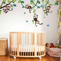 Nursery Wall Decal, Jungle Monkey Decals, Hanging Monkeys On The Tree, Birds, Children's Bedroom Vinyl Art Sticker-Dk363 - thumbnail 2