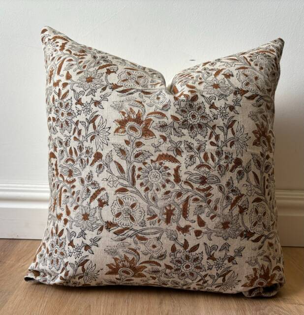 Authentic Boho Floral Indian Hand Block Stamped Linen Print Pillow Cover Brown Caramel Grey Available in Multiple Sizes Scandinavian - image 1