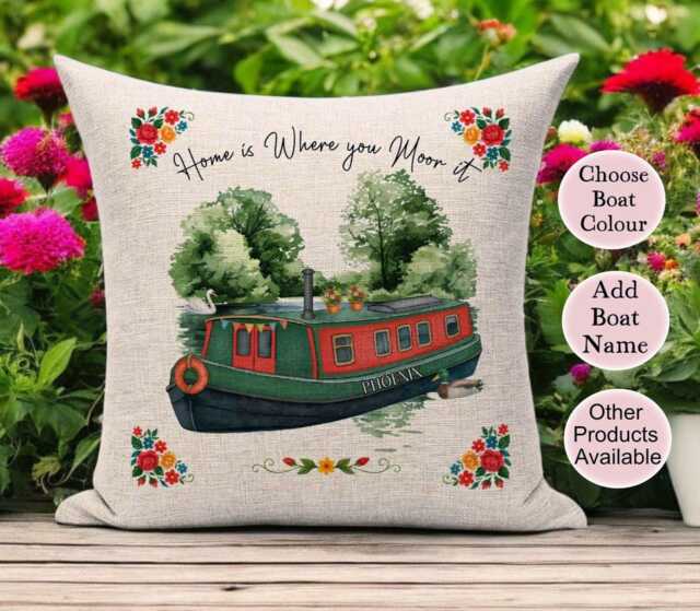 Gifts For Narrowboat Owners - Canal Barge Decor Personalised Customised Cushion, Bag, Mugs, Pennant Choose Colour & Boat Name - image 1