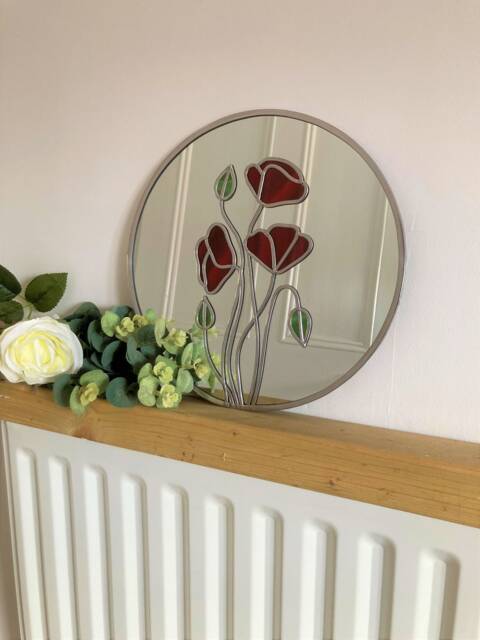 Rennie Mackintosh Style Stained Glass Effect Mirror Handmade Gift Wall Catfish Glass Art Deco Poppy 6 30cm Circle - image 1