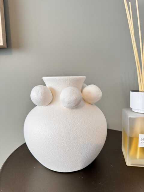White Sphere-Collared Vase, Textured Ceramic Ball Pot, Modern Nordic Round Urn, Minimalist Table Decor - image 1