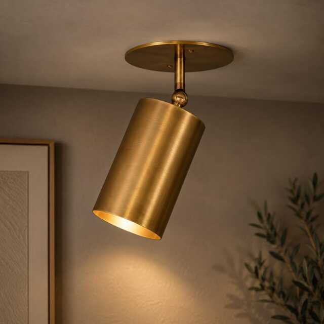 Brass Adjustable Spotlight Ceiling Light, Modern Cylindrical Swivel Spot Lamp, Minimalist Industrial Wall Mount, Dimmable Task Lighting - image 1
