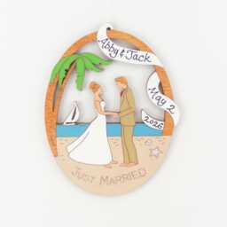 Personalized Beach Destination Wedding Couple Bride & Groom Christmas Ornament - Wood, Laser Cut, Hand Painted - thumbnail 1