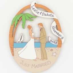 Personalized Beach Destination Wedding Couple Bride & Groom Christmas Ornament - Wood, Laser Cut, Hand Painted - thumbnail 3