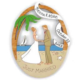 Personalized Beach Destination Wedding Couple Bride & Groom Christmas Ornament - Wood, Laser Cut, Hand Painted - thumbnail 2