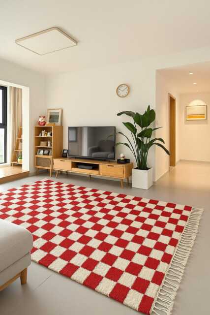 Red & White Checkered Moroccan Berber Rug - Handwoven Wool Area - image 1