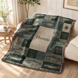 Custom Name Cabin Fish Woven Blanket, Personalized Vintage Western Country Folk Lodge Tapestry, Rustic Home Decor Salmon Trout Throw Blanket - thumbnail 2
