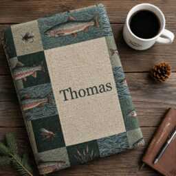 Custom Name Cabin Fish Woven Blanket, Personalized Vintage Western Country Folk Lodge Tapestry, Rustic Home Decor Salmon Trout Throw Blanket - thumbnail 4