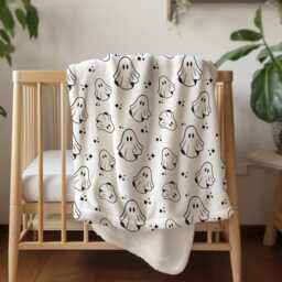 Ghosts - Monochrome, Sherpa Fleece Blanket, Decor, Kids Bedding, Blankets, Children's Room, Halloween Ghosts, Blanket - thumbnail 3