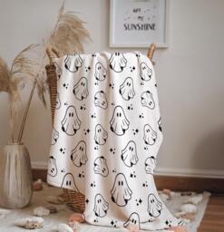 Ghosts - Monochrome, Sherpa Fleece Blanket, Decor, Kids Bedding, Blankets, Children's Room, Halloween Ghosts, Blanket - thumbnail 1