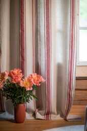 French Style Linen Curtain - Pencil Pleat, Cherry Red Stripes, Heavyweight Natural Curtain, Farmhouse Cottage Window Curtain