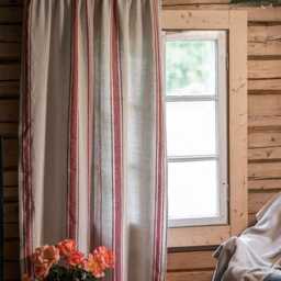 French Style Linen Curtain - Pencil Pleat, Cherry Red Stripes, Heavyweight Natural Curtain, Farmhouse Cottage Window Curtain - thumbnail 3
