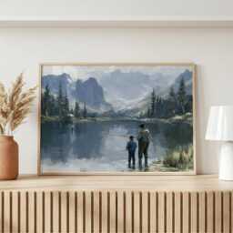 Fishing Wall Art, Father & Son Oil Painting, Mountain Landscape Print, Fisherman Gift, Lake House Cabin Decor - thumbnail 3