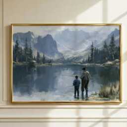 Fishing Wall Art, Father & Son Oil Painting, Mountain Landscape Print, Fisherman Gift, Lake House Cabin Decor - thumbnail 1