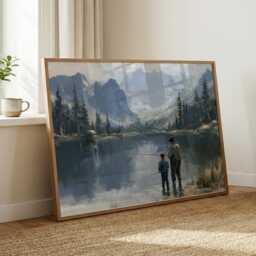 Fishing Wall Art, Father & Son Oil Painting, Mountain Landscape Print, Fisherman Gift, Lake House Cabin Decor - thumbnail 2