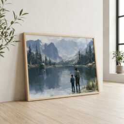 Fishing Wall Art, Father & Son Oil Painting, Mountain Landscape Print, Fisherman Gift, Lake House Cabin Decor - thumbnail 4