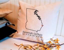Georgia Home Custom Coordinates 18 Or 20 Inch Pillow Cover, Choose Your City & Coordinates, Housewarming Gift, Hostess Realtor Gift