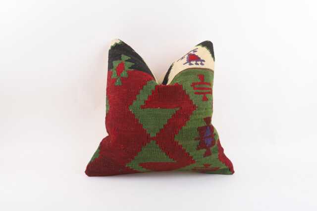 Vintage Turkish Kilim Pillow Cover Handwoven Wool Throw 16x16 - image 1