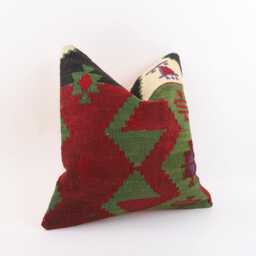 Vintage Turkish Kilim Pillow Cover Handwoven Wool Throw 16x16 - thumbnail 3