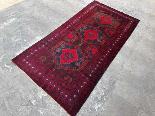 3'9x7'4 Ft Vintage Afghan Baluchi Rug - Handwoven Wool Piece With Deep Red Patterns & Traditional Turkmen-style Geometric Guls - image 1