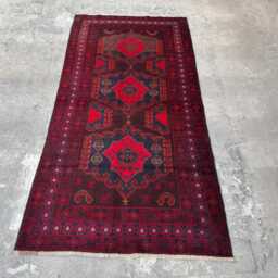 3'9x7'4 Ft Vintage Afghan Baluchi Rug - Handwoven Wool Piece With Deep Red Patterns & Traditional Turkmen-style Geometric Guls - thumbnail 3