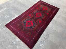 3'9x7'4 Ft Vintage Afghan Baluchi Rug - Handwoven Wool Piece With Deep Red Patterns & Traditional Turkmen-style Geometric Guls