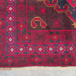 3'9x7'4 Ft Vintage Afghan Baluchi Rug - Handwoven Wool Piece With Deep Red Patterns & Traditional Turkmen-style Geometric Guls - thumbnail 4