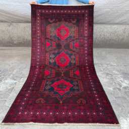 3'9x7'4 Ft Vintage Afghan Baluchi Rug - Handwoven Wool Piece With Deep Red Patterns & Traditional Turkmen-style Geometric Guls - thumbnail 2