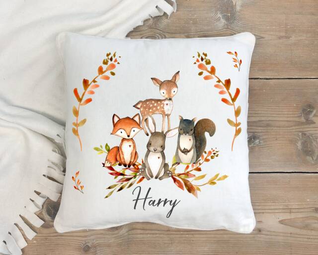 Woodland Animals Nursery Cushion , Forest Personalised Baby Decor Theme, Fox, Rabbit - image 1